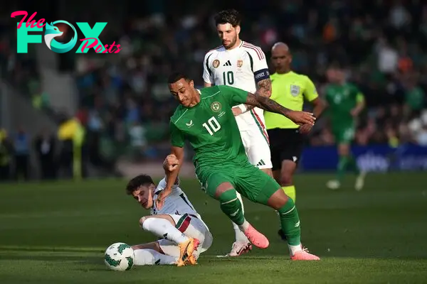 Adam Idah of Republic of Ireland battles for possession with Milos Kerkez of Hungary during the international friendly match between Republic of Ir...