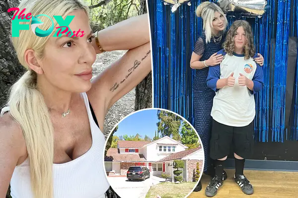 A split photo of a selfie of Tori Spelling and Tori Spelling with Finn and a small photo of Tori Spelling's rental home