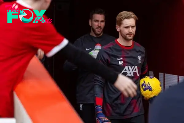 LIVERPOOL, ENGLAND - Saturday, February 10, 2024: Liverpool's goalkeeper Caoimhin Kelleher walks out for the warm-up before the FA Premier League match between Liverpool FC and Burnley FC at Anfield. Liverpool won 3-1. (Photo by David Rawcliffe/Propaganda)