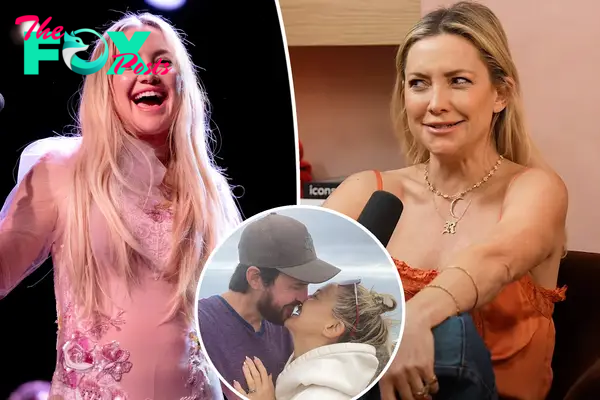 A split photo of Kate Hudson smiling and Kate Hudson talking and a small photo of Kate Hudson kissing Danny Fujikawa