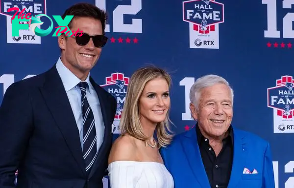 Former New England Patriots quarterback Tom Brady poses with CEO of the New England Patriots Robert Kraft (R) and his wife  Dana Blumberg as they arrive for Brady's 2024 Hall of Fame induction ceremony at Gillette Stadium in Foxborough, Massachusetts, on June 12, 2024. Tom Brady is the 35th person to be inducted into the Patriots Hall of Fame. (Photo by Joseph Prezioso / AFP)