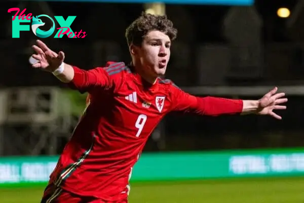 NEWPORT, WALES - Friday, March 22, 2024: Wales' Lewis Koumas celebrates after scoring the winning second goal during the 2025 UEFA European Under-21 Championship Qualifying Group I game between Wales and Lithuania at Rodney Parade. (Photo by Will Cooper/Propaganda)