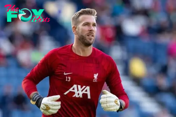 PRESTON, ENGLAND - Monday, August 7, 2023: Liverpool's goalkeeper Adrián San Miguel del Castillo during the pre-match warm-up before a pre-season friendly match between Liverpool FC and SV Darmstadt 98 at Deepdale. Liverpool won 3-1. (Pic by David Rawcliffe/Propaganda)