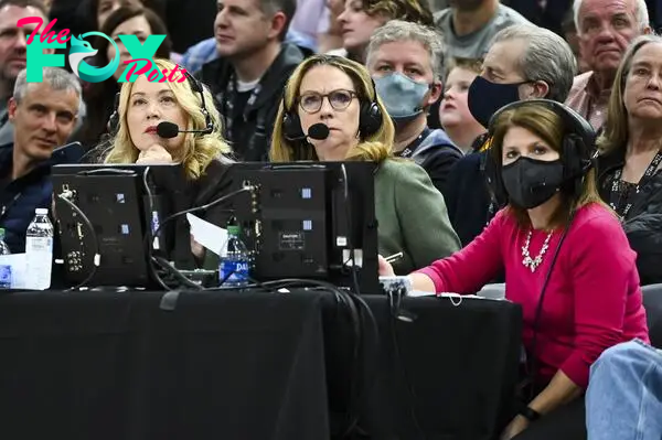 ESPN's Doris Burke and Beth Mowins look on during a game between the Utah Jazz and Golden State Warriors