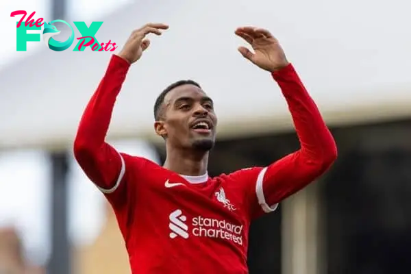 LONDON, ENGLAND - Sunday, April 21, 2024: Liverpool's Ryan Gravenberch celebrates after scoring the second goal during the FA Premier League match between Fulham FC and Liverpool FC at Craven Cottage. (Photo by David Rawcliffe/Propaganda)
