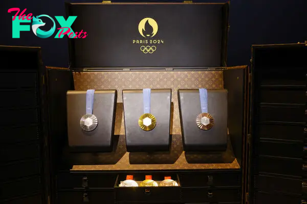 Olympic medals are displayed at Grand Palais Ephemere ahead of the presentation of the French team's Berluti outfits for the Paris 2024 opening ceremony on April 17, 2024 in Paris, France.