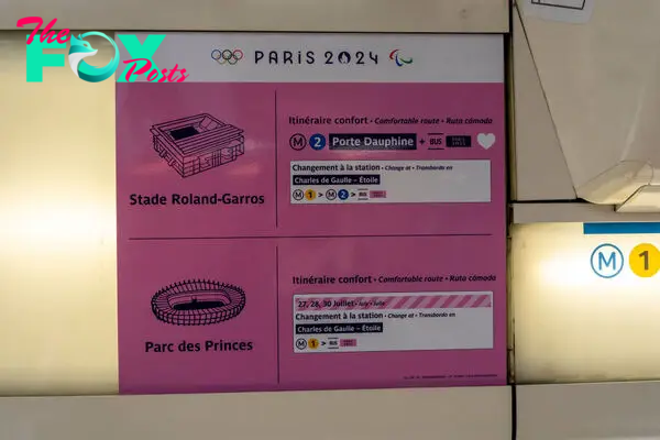 Illustration in metro line 1 of the temporary display indicating the best routes to the Stade Roland Garros and Parc des Princes sites during the Paris 2024 Olympic Games in Paris, France on June 7, 2024.