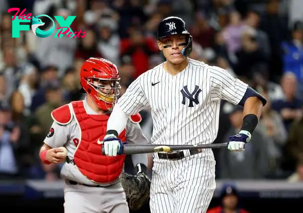 NEW YORK, NEW YORK - SEPTEMBER 23: Aaron Judge #99 of the New York Yankees reacts after he struck out in the fifth inning as Reese McGuire #3 of the Boston Red Sox defends at Yankee Stadium on September 23, 2022 in the Bronx borough of New York City.   Elsa/Getty Images/AFP