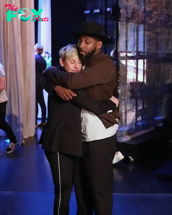 Ellen DeGeneres hugs Stephen 'tWitch" Boss.