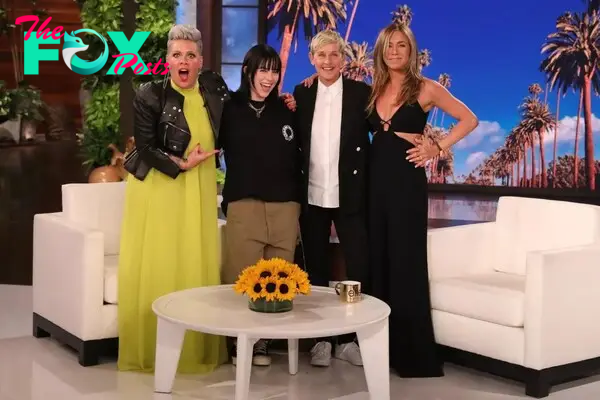 Pink and Billie Eilish cuddle up to Ellen DeGeneres and Jennifer Aniston on the final "Ellen" show.