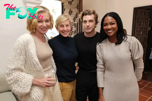 Portia de Rossi (from left), Ellen DeGeneres, Jeremiah Brent and Tracy Robbins at The Space That Keeps You" launch party.