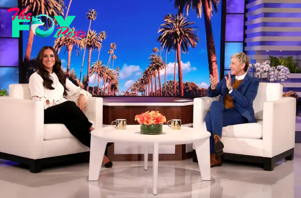 Meghan Markle laughs with Ellen DeGeneres on her show. 