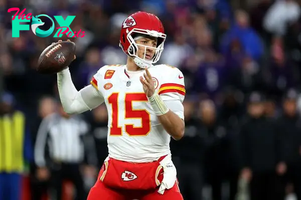 BALTIMORE, MARYLAND - JANUARY 28: Patrick Mahomes #15 of the Kansas City Chiefs rolls out to pass against the Baltimore Ravens in the AFC Championship Game at M&T Bank Stadium on January 28, 2024 in Baltimore, Maryland.   Rob Carr/Getty Images/AFP (Photo by Rob Carr / GETTY IMAGES NORTH AMERICA / Getty Images via AFP)
