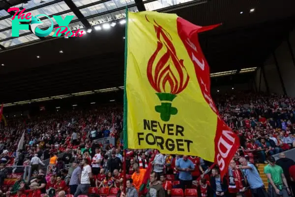 LIVERPOOL, ENGLAND - Sunday, May 5, 2024: Liverpool supporters' flag "Never Forget" referencing the Hillsborough Stadium Disaster seen before the FA Premier League match between Liverpool FC and Tottenham Hotspur FC at Anfield. (Photo by David Rawcliffe/Propaganda)