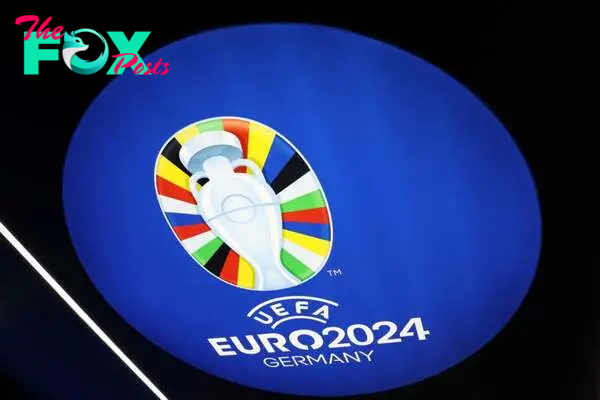 The UEFA EURO2024 Germany logo is seen inside the stadium prior to the UEFA EURO 2024 group stage match between Germany and Scotland at Munich Foot...