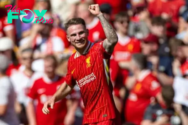 LIVERPOOL, ENGLAND - Saturday, May 18, 2024: Liverpool's Alexis Mac Allister celebrates after scoring the opening goal during the FA Premier League match between Liverpool FC and Wolverhampton Wanderers FC at Anfield. (Photo by David Rawcliffe/Propaganda)