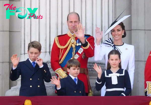 Kate Middleton, Prince William and their three kids on the Buckingham Palace balcony.