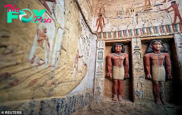Statues are seen inside inside the tomb which dates from the rule of King Neferirkare Kakai, at the Saqqara area near its necropolis, in Giza, Egypt