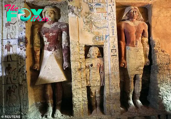 The 33 ft (ten metres) long, 9.8 ft (three metres) wide tomb has just under three metres high walls which are decorated with hieroglyphs and statues of pharaohs