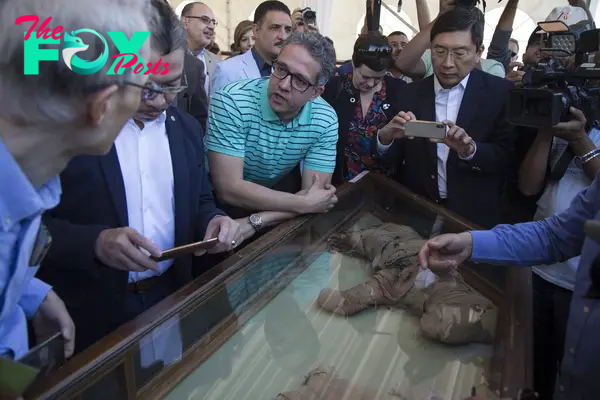  Egyptian Minister of Antiquities Khaled al-Anany speaks as he stands next to mummified animals