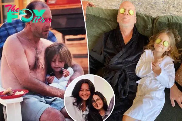 Bruce Willis and daughters, with a Demi Moore and Emma Heming inset