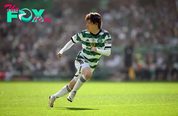 Kyogo Furuhashi of Celtic in action during the Cinch Scottish Premiership match between Celtic FC v St Mirren at Celtic Park Stadium on May 18, 202...