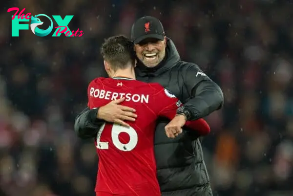 LIVERPOOL, ENGLAND - Saturday, December 11, 2021: Liverpool's manager Jürgen Klopp celebrates with Andy Robertson after the FA Premier League match between Liverpool FC and Aston Villa FC at Anfield. Liverpool won 1-0. (Pic by David Rawcliffe/Propaganda)