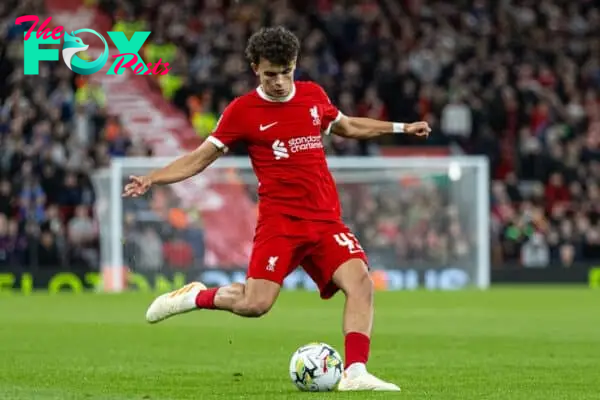 LIVERPOOL, ENGLAND - Wednesday, September 27, 2023: Liverpool's Stefan Bajcetic during the Football League Cup 3rd Round match between Liverpool FC and Leicester City FC at Anfield. Liverpool won 3-1. (Pic by David Rawcliffe/Propaganda)