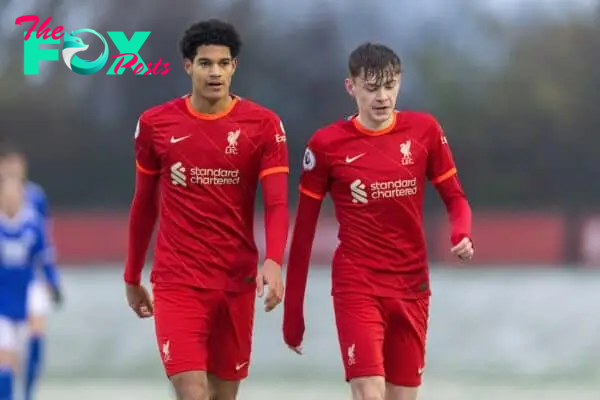 LIVERPOOL, ENGLAND - Sunday, November 28, 2021: Liverpool's Jarell Quansah (L) and Conor Bradley during the Premier League 2 Division 1 match between Liverpool FC Under-23's and Leicester City FC Under-23's at the Liverpool Academy. (Pic by David Rawcliffe/Propaganda)