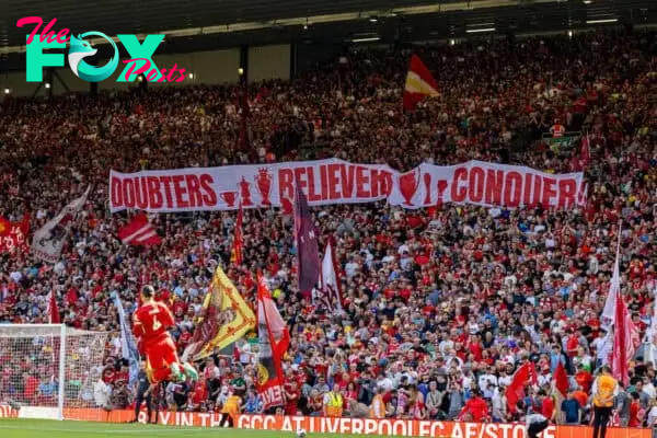 LIVERPOOL, ENGLAND - Saturday, May 18, 2024: Liverpool su"porters' banner "Doubters Believers Conqurers| during the FA Premier League match between Liverpool FC and Wolverhampton Wanderers FC at Anfield. (Photo by David Rawcliffe/Propaganda)