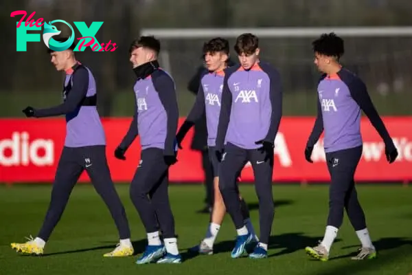 LIVERPOOL, ENGLAND - Wednesday, December 13, 2023: Liverpool's Luke Chambers, Ben Doak, Lewis Koumas, James McConnell and Kaide Gordon during a training session at the AXA Training Centre ahead of the UEFA Europa League Group E match between Royale Union Saint-Gilloise and Liverpool FC. (Photo by Jessica Hornby/Propaganda)