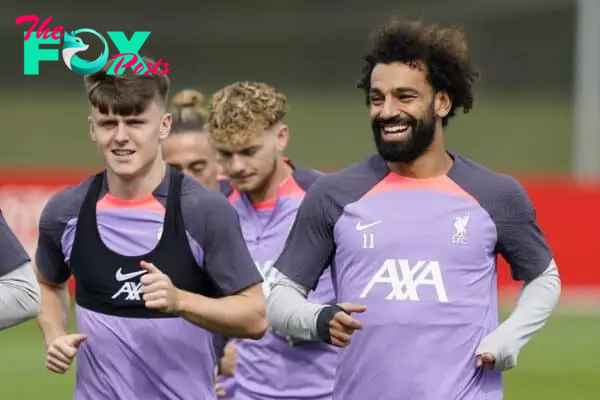 LIVERPOOL, ENGLAND - Wednesday, September 20, 2023: Liverpool's Mohamed Salah (R) and Ben Doak (L) during a training session at the AXA Training Centre ahead of the UEFA Europa League Group E match between LASK and Liverpool FC. (Pic by Andrew Yeats/Propaganda)