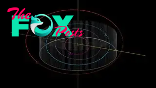 Snapshot illustration of an asteroid orbit viewer depicted with circular neon lines on a black background.