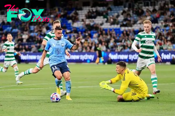 Robert Mak of Sydney FC has his shot saved by Benjamin Siegrist of Celtic during the Sydney Super Cup match between Celtic and Sydney FC at Allianz...
