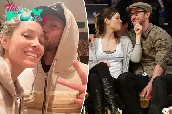 A split photo of a selfie of Justin Timberlake and Jessica Biel and Jessica Biel and Justin Timberlake sitting at a game