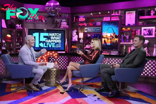 Andy Cohen, Jeff Lewis and Caroline Stanbury on "Watch What Happens Live with Andy Cohen." 