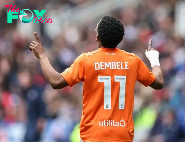 Blackpool's Karamoko Dembele celebrates scoring the opening goal  during the Sky Bet League One match between Reading and Blackpool at Select Car L...