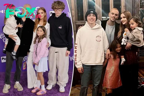 A split photo of Ashlee Simpson and Evan Ross with their kids and a small photo of Ashlee Simpson with her kids