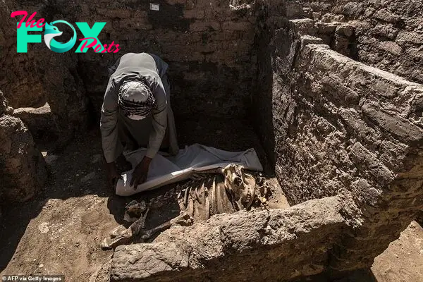 A worker cleans dust away from the skeleton of an animal at the ancient 'lost city'