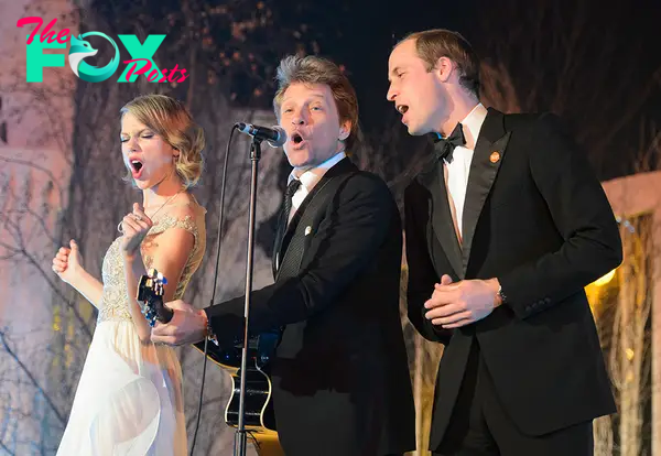 Taylor Swift performing with Jon Bon Jovi and Prince William