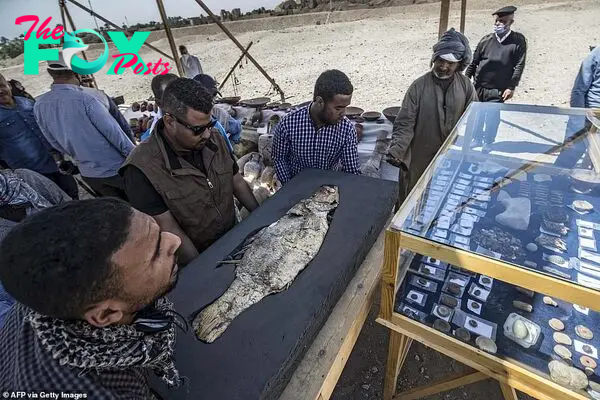 A picture taken on April 10, 2021, shows workers carrying a fossilised fish uncovered at the archaeological site of a 3000 year old city, dubbed The Rise of Aten, dating to the reign of Amenhotep III, uncovered by the Egyptian mission near Luxor