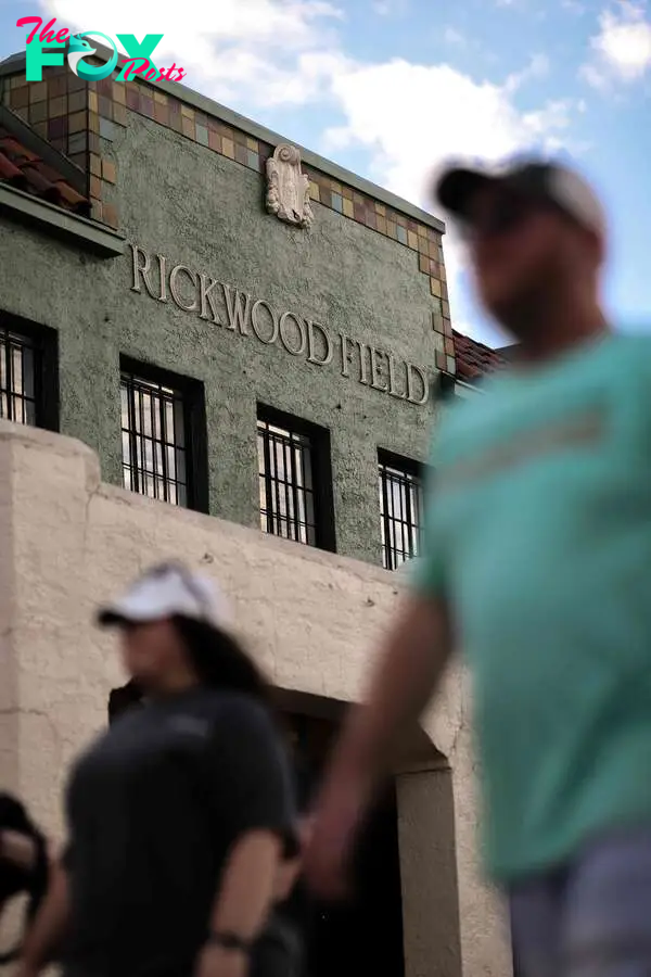BIRMINGHAM, ALABAMA - JUNE 20: Fans walk past the front of Rickwood Field before the game between the St. Louis Cardinals and the San Francisco Giants on June 20, 2024 in Birmingham, Alabama.   Casey Sykes/Getty Images/AFP (Photo by Casey Sykes / GETTY IMAGES NORTH AMERICA / Getty Images via AFP)