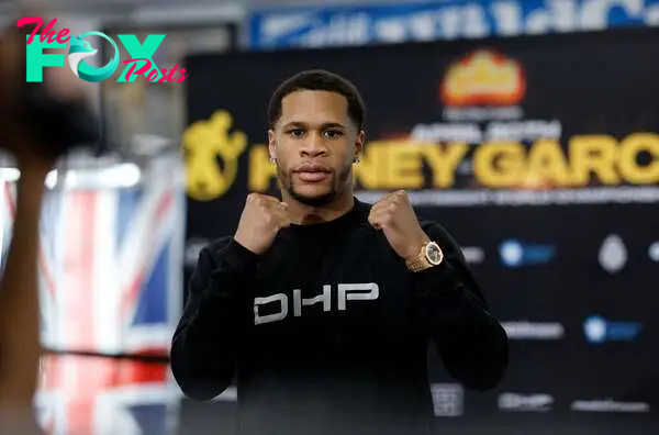 LOS ANGELES, CALIFORNIA - APRIL 5: Devin Haney, the former undisputed lightweight champion and current WBC Super Lightweight Champion, poses during a media workout at Wild Card Boxing Club to promote his upcoming title defense against Ryan Garcia on April 5, 2024 in Los Angeles, California.   Kevork Djansezian/Getty Images/AFP (Photo by KEVORK DJANSEZIAN / GETTY IMAGES NORTH AMERICA / Getty Images via AFP)