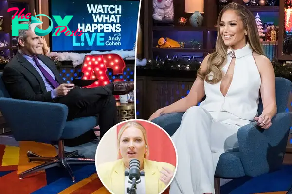 Andy Cohen and Jennifer Lopez with a Meghan McCain inset