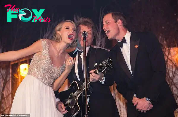 Prince William, who was also at last night's show with this three children, previously performed on stage with Taylor Swift and Jon Bon Jovi at a charity gig in 2013 - the trio are seen here performing Bon Jovi's hit Livin' On A Prayer