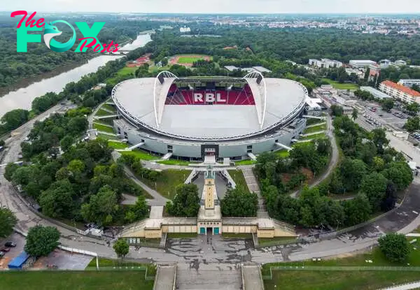 Leipzig (Germany), 28/05/2024.- A picture taken with a drone of the Red Bull Arena, home ground of RB Leipzig and a venue for the upcoming European Football Championship, UEFA EURO 2024, in Leipzig, Germany, 28 May 2024. The stadium will host four games, three in the group stage and one round of 16 match. It will have a capacity of 40 thousand persons for the tournament. (Alemania) EFE/EPA/HANNIBAL HANSCHKE
