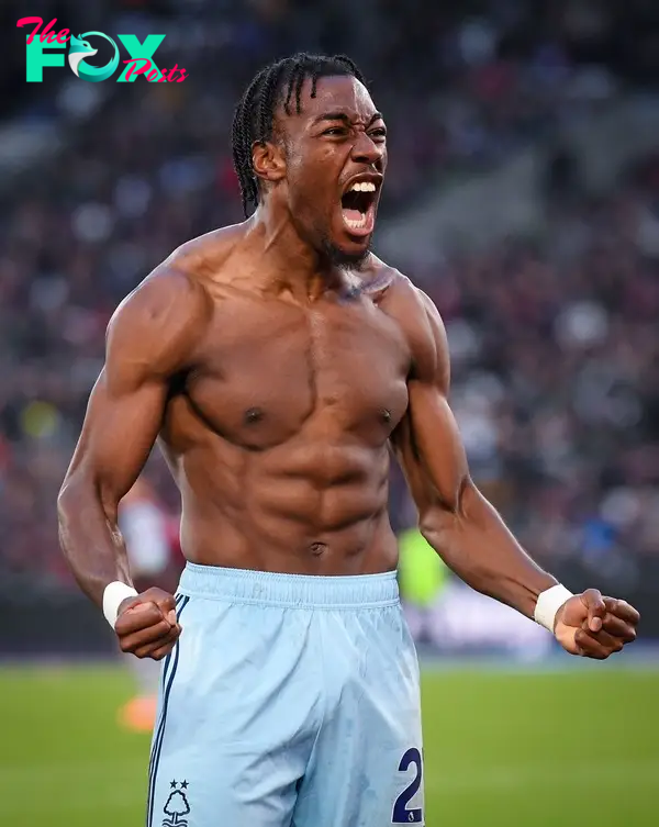 Elanga showed off his hulking physique after scoring against West Ham on Sunday