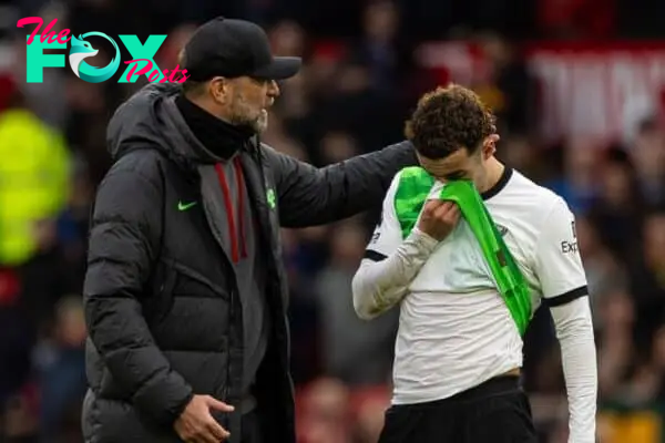 MANCHESTER, ENGLAND - Sunday, April 7, 2024: Liverpool's manager Jürgen Klopp (L) and Curtis Jones after the FA Premier League match between Manchester United FC and Liverpool FC at Old Trafford. The game ended in a 2-2 draw.(Photo by David Rawcliffe/Propaganda)