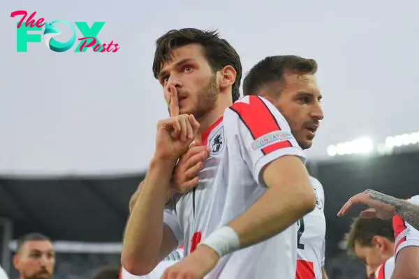 TBILISI, GEORGIA - JUNE 02: Khvicha Kvaratskhelia of Georgia celebrates his goal during the UEFA Nations League League C Group 4 match between Georgia and Gibraltar at Boris Paichadze Dinamo Arena on June 2, 2022 in Tbilisi, Georgia. (Photo by Levan Verdzeuli/Getty Images)