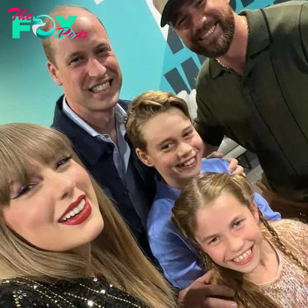 selfie of taylor swift, prince william, travis kelce, prince george and princess charlotte